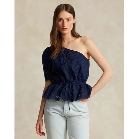 Polo by Ralph Lauren Tops - New Polo Ralph Lauren One-shoulder Eyelet Linen top in Navy Size 10
